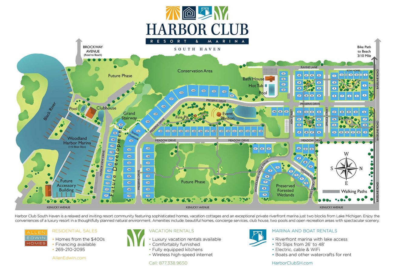 Map of Harbor Club South Haven showing the marina, pool, clubhouse, and walking paths