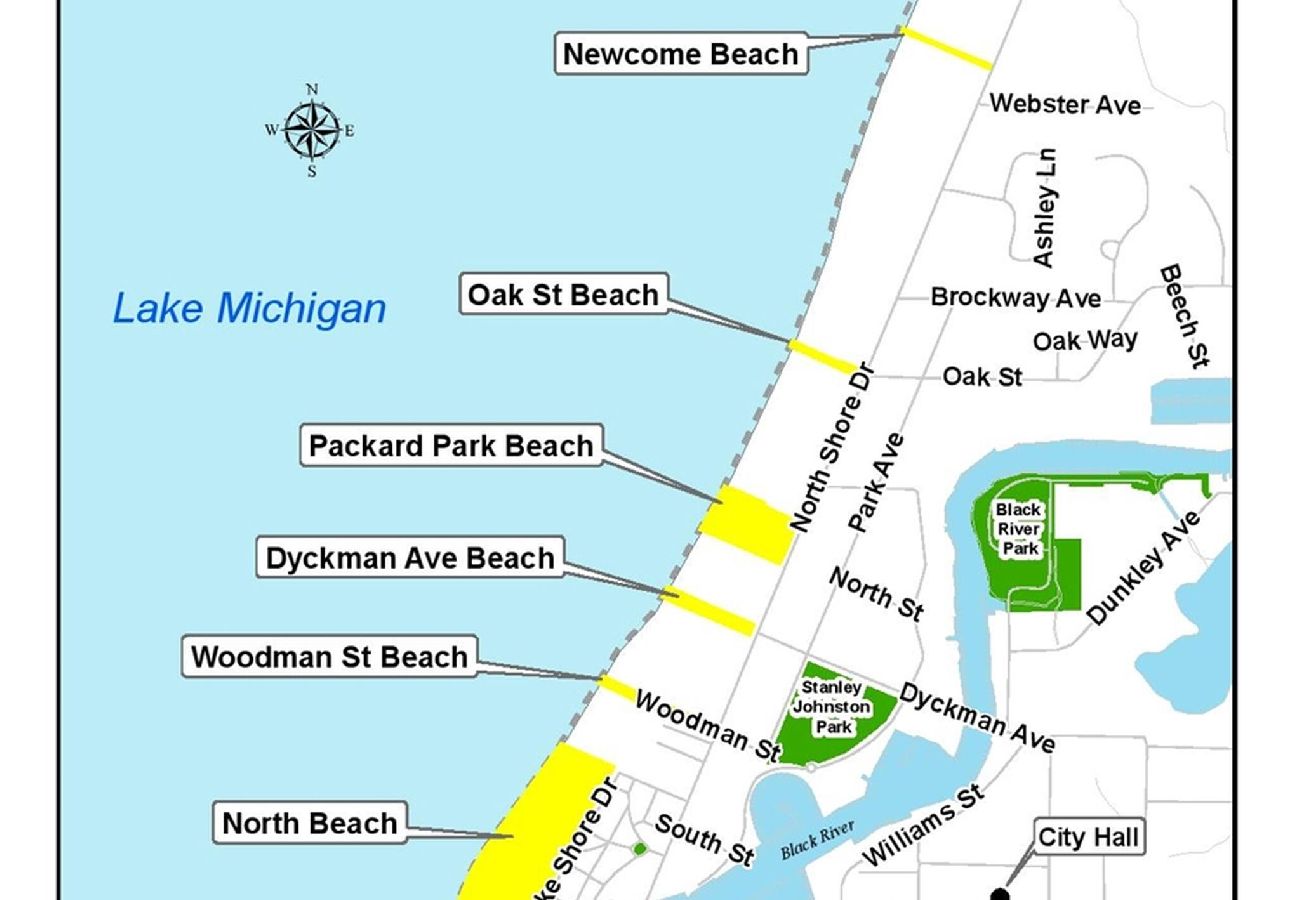 Map of South Haven public beaches including North beach, South beach, and Newcome beach