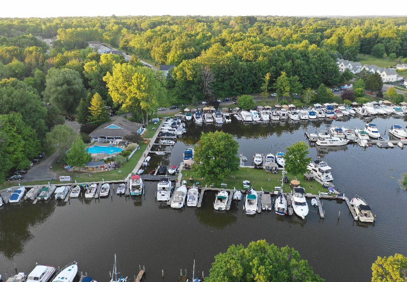 Aerial photo of marina with boats, shoreline trees, outdoor pool, and Blue water Boat Rentals area