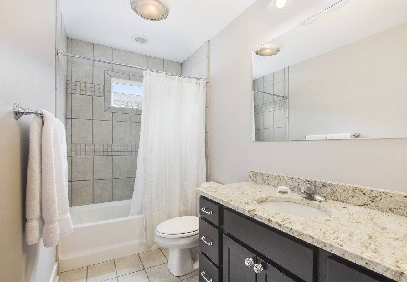 Hall bathroom with granite vanity and tiled shower-tub combo in South Haven 