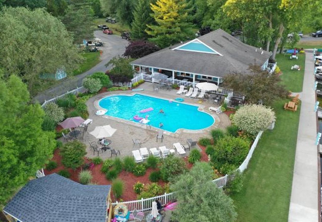 Aerial view of Woodland Harbor with pool, clubhouse, and access to Bluewater Boat Rentals in South Haven MI 