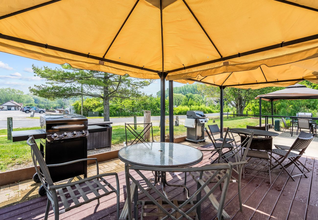 Shaded outdoor grilling with has grills, round table, chairs, and canopy covering.